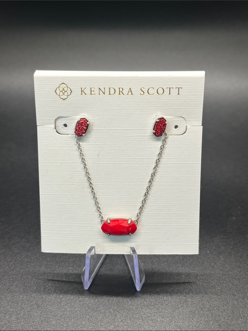 Kendra Scott Red Elisa Pendant Necklace with Matching Studs